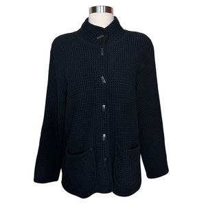 Focus Black Waffle Knit Mandarin Collar Oversized Comfy Cardigan Sweater Small
